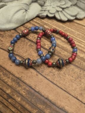 Handcrafted Blue and Red Beaded Stretch Bracelets - Women's Jewelry